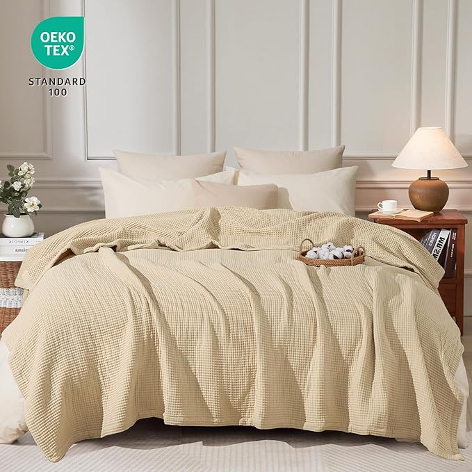 PHF 100% Cotton Waffle & Muslin Blanket Queen Size, Soft Breathable Luxury 400GSM Versatile Reversible Bedding for Bed, Great for Layering in Cold Weather, Home Decor Gift, 90" x 90", French Oak