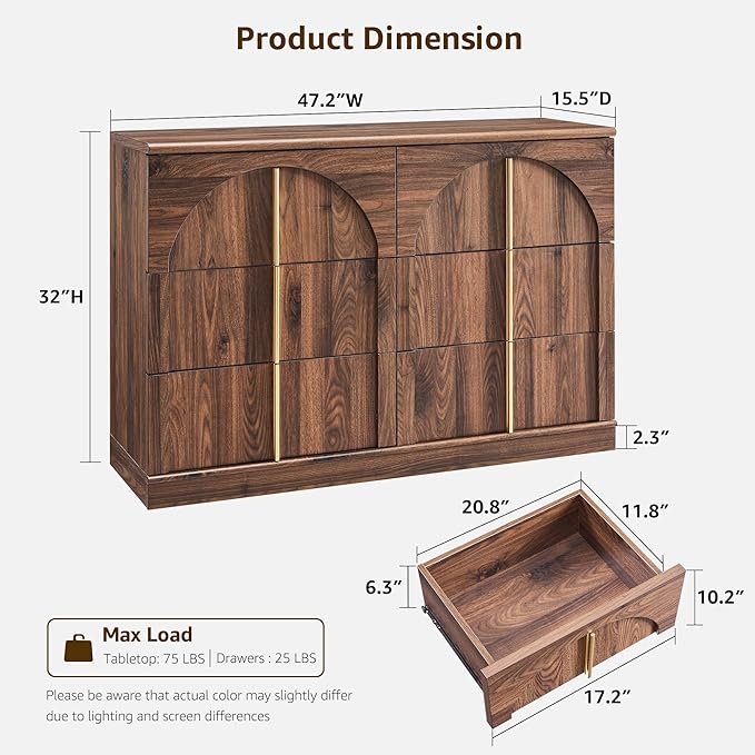 ACCOHOHO Arched Dresser for Bedroom with 6 Drawers, 47.3" Wide Modern Chest of Drawers with Rounded Edge & Metal Handles, Wood Storage Closet Dressers TV Stand for Living Room, Hallway, Brown