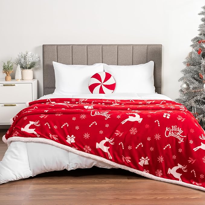 PAVILIA Red Reindeer Christmas Sherpa Throw Blanket, Ultra Soft Reversible Fleece Sherpa 60x80 Winter Blanket for Couch & Bed, Cozy Christmas Home Decor Holiday