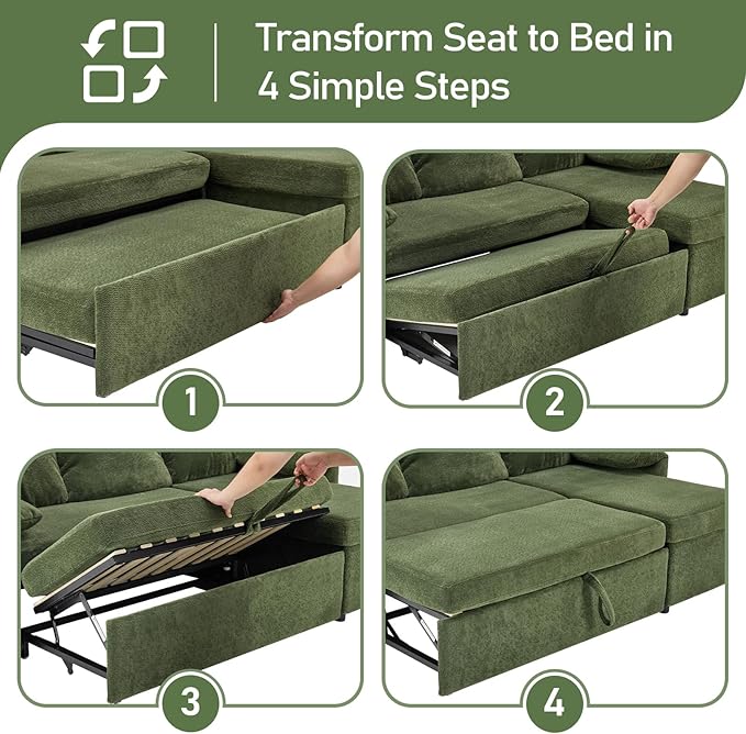 VINGLI Convertible Sofa Bed Couches for Living Room, Sleeper Sofa with Pull Out Couch Bed, Cloud-Like Plush Fleece U-Shape Sectional Couch with Storage Chaise, USB Charging, Side Pockets