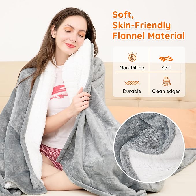 Mia&Coco Electric Blanket Twin （62"x84"） Flannel Heated Blanket, 10 Heat Levels, 10-Hour Auto-Off, Fast Heating, Overheat Protection, Machine Washable, Soft Heating Blanket for Home and Office - Gray