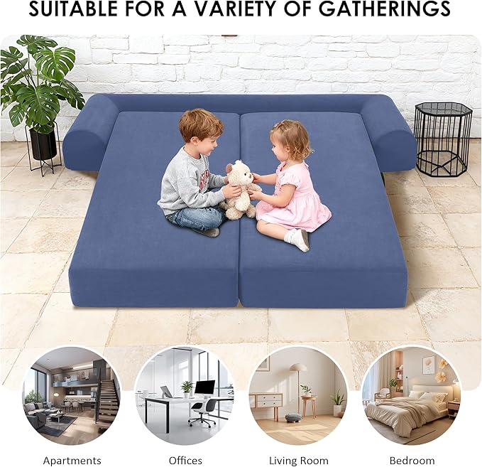 80" Convertible Sofa Bed, 3-in-1 Corduroy Folding Pull Out Couch with Pillows, No Assembly Modern Boneless Couch Compression Sofa in Box, Floor Sofa with Side Storage for Living Room,Dark Smog Blue