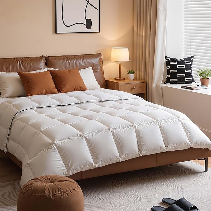 Extra Fluffy White Goose Down Comforter Queen Size - All Season Luxury Down Duvet Insert Hotel Bedding Comforters Oeko Certified 480 Thread Count High Fill Power - 90x90 Inches
