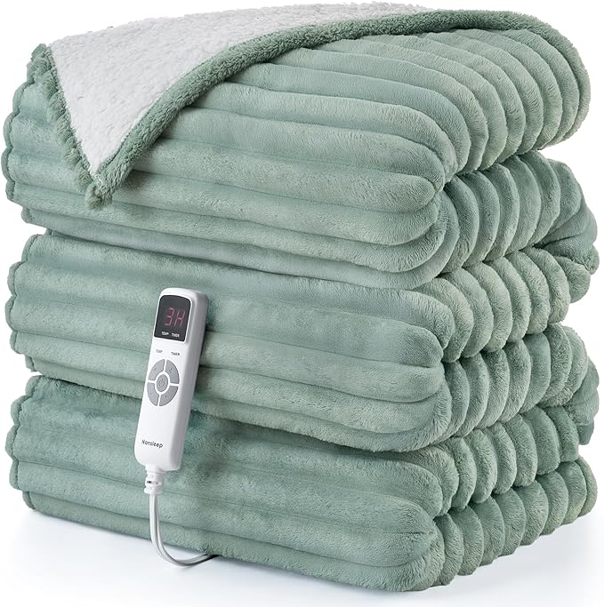 Hansleep Heated Blanket Electric Throw Full Size, Heating Blanket with 9 Heating Levels and 10-Hour Timer Auto Shut Off, Washable Soft Warm Winter Blanket, 72 x 84 Inches, Green