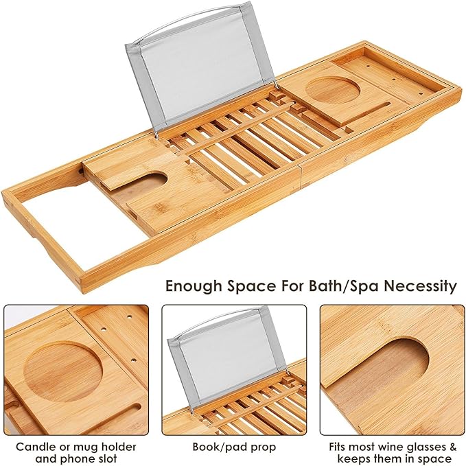 Premium Bamboo Bathtub Tray Caddy, Bath Tub Trays Table for Bathtub, Expandable Bath Caddy Tray, Bathtub & Bathroom Accessories for New Home, Anniversary and Wedding Gifts for Couple