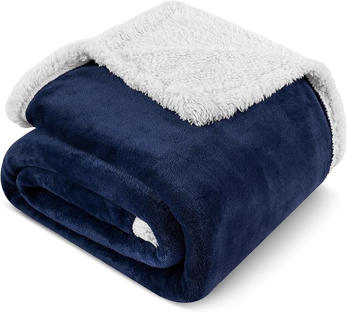 PAVILIA Sherpa Fleece Throw Blanket for Couch, Navy Blue, Plush Soft Fuzzy Sofa Blanket, Cozy Reversible Winter Throw for Women Men, 50x60 Inches