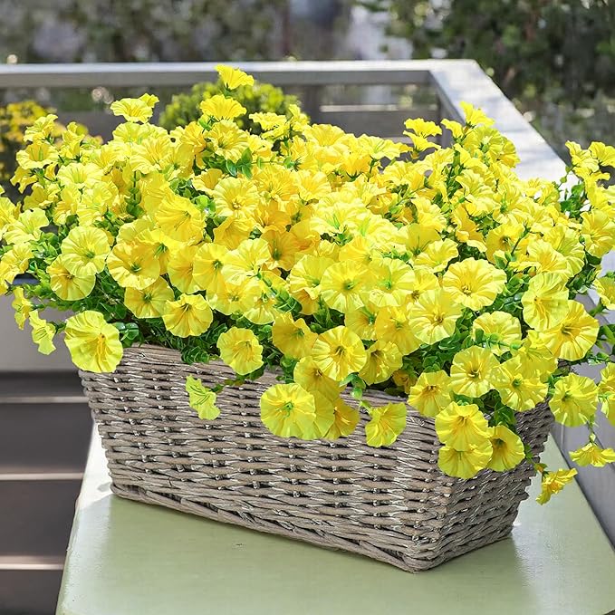 Artificial Flowers Fake Plants for Outdoors Decoration, 12 Bundles Yellow Silk Morning Glory with Eucalyptus Realistic UV Resistant Faux Flowers for Outside Planter Porch Yard Patio Garden Home Indoor