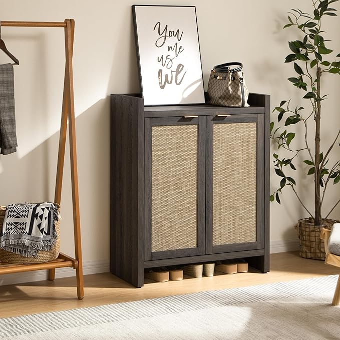 SICOTAS 41" Tall Shoe Cabinet, 24 Pair Shoe Storage Cabinet with Doors and 6-Tier Shelves, Rattan Shoe Cabinet Storage for Entryway, Farmhouse Boho Wooden Cabinet for Hallway, Black Oak