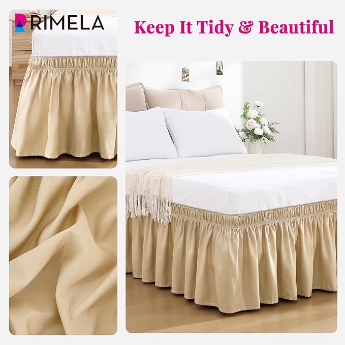 RIMELA Beige Bed Skirt Queen Size 18 Inch Drop, Wrap Around Elastic Bedskirt, Dust Ruffle for Adjustable Bed Base Machine Washable Easy to Install Bed Skirts