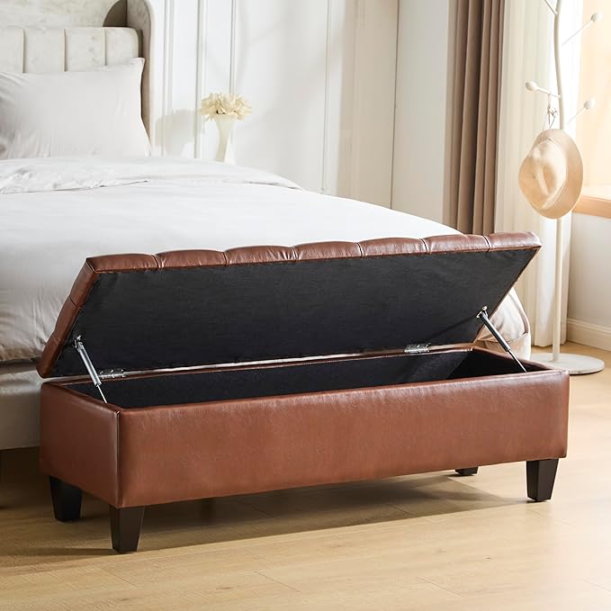 GDFStudio Boucle Storage Ottoman Bench with Button Tufting, 50.75” Upholstered Entryway Bench with Hidden Storage, Soft Close Lid, Rubberwood Legs, Extra Seating for Bedroom, Living Room – Brown