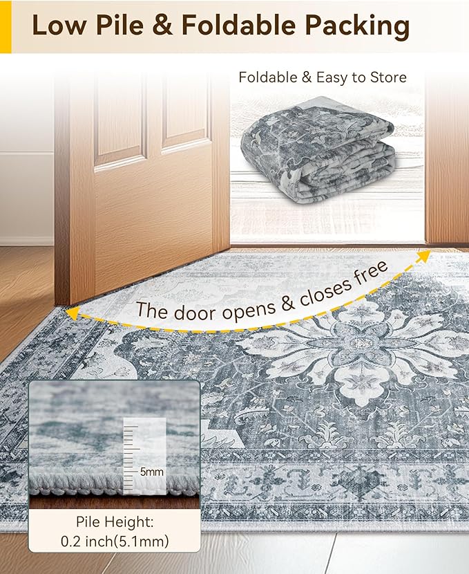Area Rugs 7'x9' Washable Non-Slip, Floral Vintage Distress Print Pattern Medallion Carpet for Living Room Bedroom Dining Room, Light Gray Grey White