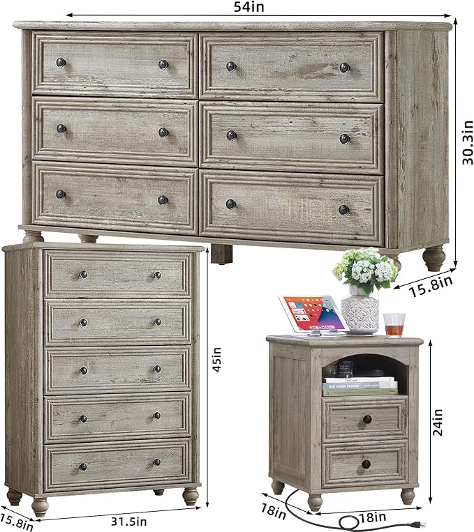 Farmhouse Dressers & Night Stand Set of 4, Wood 54" Wide Dresser & 45" Tall Chest of Drawers, 18" with Charging Station Nightstand Set of 2, Bedroom Furniture Dresser Set for Home Living Room Hallway