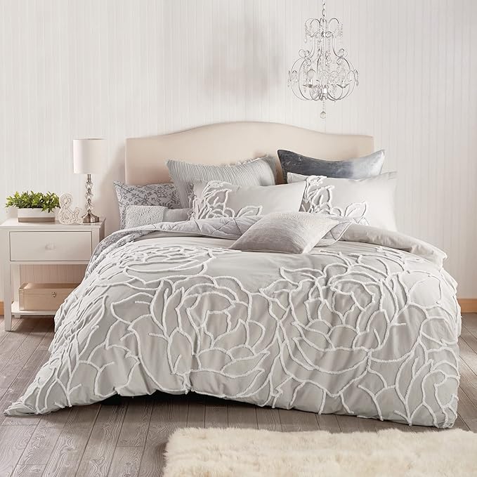 Peri Home 100% Cotton 3-Piece Duvet Cover & Sham Set, Full/Queen, Grey Chenille Rose