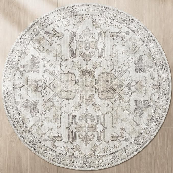 jinchan Round Rug 4ft Area Rug Indoor Vintage Floral Circle 4' Washable Ultra-Thin Low Pile Soft Small Non Slip Distressed Print for Living Room Dining Room Bedroom Entryway Taupe