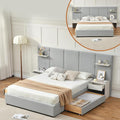 Queen Bed Frame with Storage & Built-in Nightstands, Velvet Upholstered Platform Bed Frame with Drawers & 2 Floating Storage Shelves, Noise-Free, No Box Spring Needed, Easy Assembly, Gray