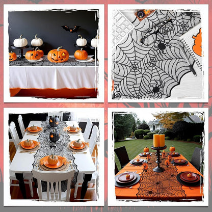 1-Pack Halloween Table Runner, Black Spider Web Lace Table Runner, Gothic Kitchen Decor, Fall-Themed Party Decorations, Spider Web Reusable Home Accent, 18 x 64 Inches