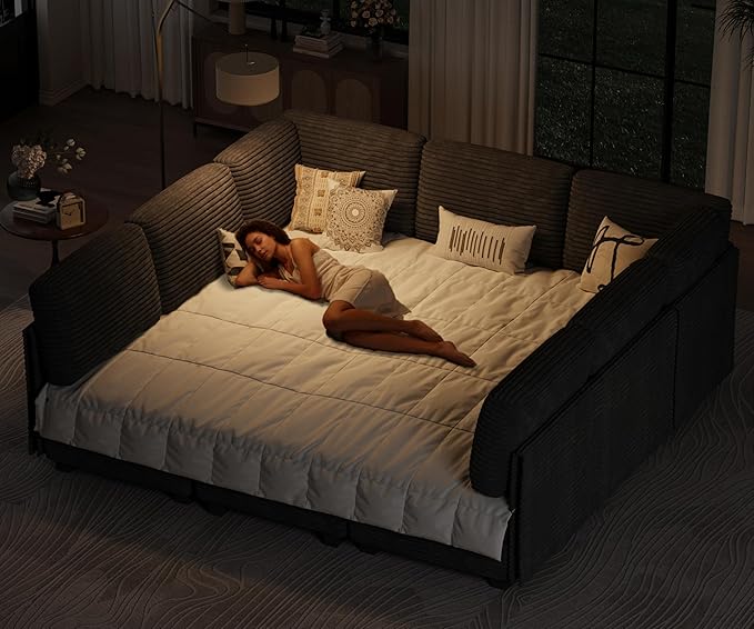 Modular Sectional Sofa with Adjustable Backrest, Large Convertible L/U-Shaped Sleeper Couch for Living Room, Cloud Sofa Bed Modern Reversible Design, Black