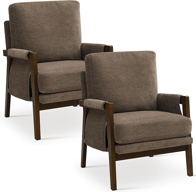 Dark Brown Accent Chairs for Living Room Set of 2, Modern Arm Chairs for Bedroom, Wooden Upholstered Mid Century Accent Chairs, Fabric