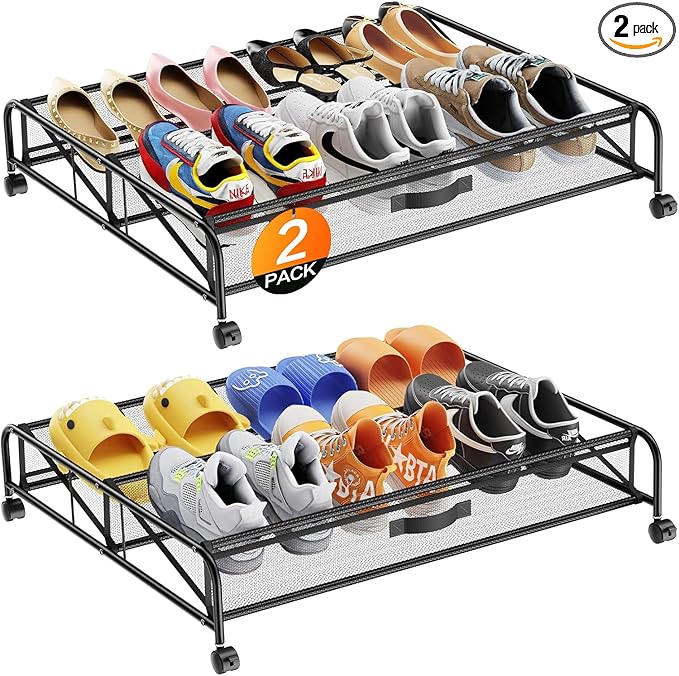 Under Bed Shoe Storage Organizer, 2 Pack Under Bed Storage Containers with Wheels for Under Bed Shoe Organizer Drawer Space Saving for bedroom