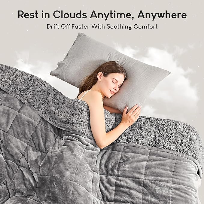 Cottonblue Sherpa Fleece Weighted Blanket 15 lbs for Adult, Flannel Cozy Plush Bed Blankets, Fuzzy Sherpa Weighted Blankets Full Size, Minky Soft Blanket for Sofa Bed, 48 x 72 inches, Grey