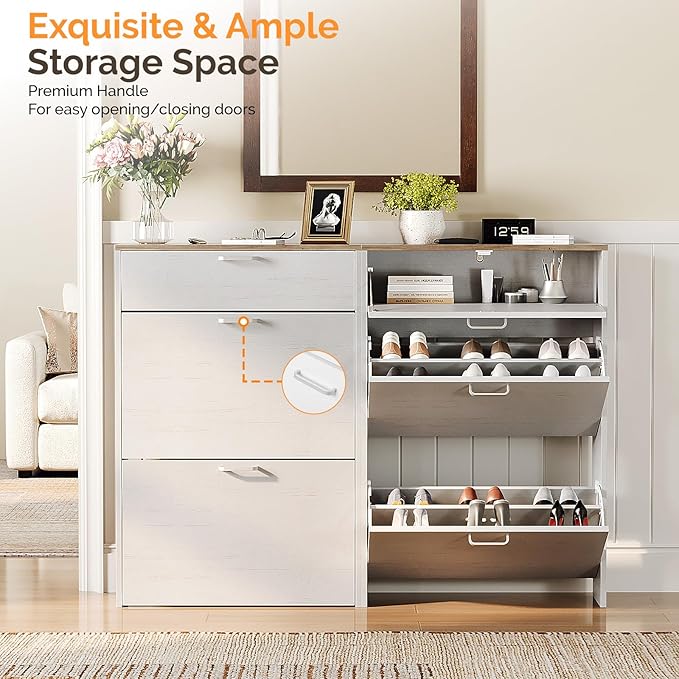 VINGLI Shoe Cabinet Storage for Entryway Ultra Slim with 2 Flip &1Drop-Down Drawers, 24.8" W Narrow Shoe Cabinet for Front Door Entrance,Freestanding Rustic White Wood Shoes Organizer for Hallway