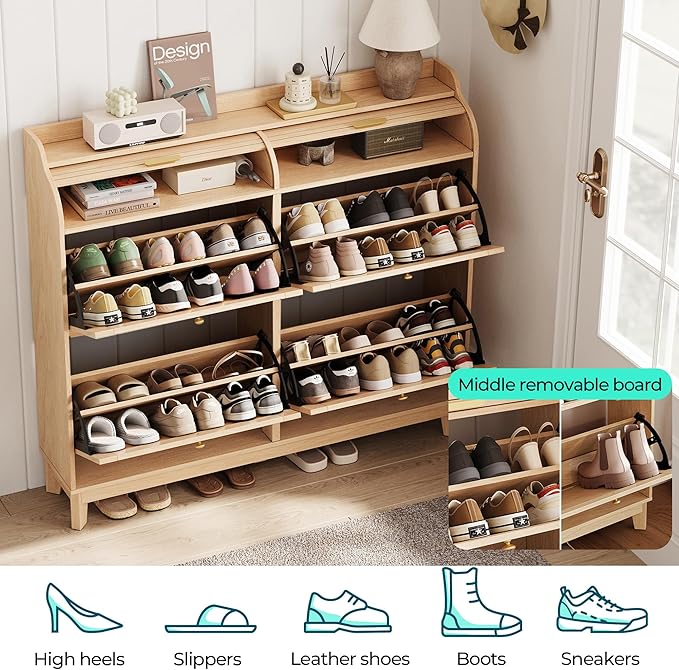 LINSY Shoe Storage Cabinet, Rattan Shoe Cabinet Wood Shoes Rack Cabinets with Sliding Tambour Door, Large Flip Drawer Shoe Cabinet Boho Hidden Shoe Storage for Entryway, Front Door, Hallway, Oak