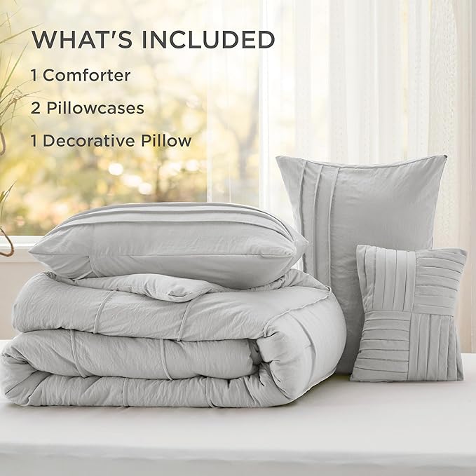 Bedsure California King Comforter Set - 4 Pieces Pinch Pleat Bed Set, Light Grey Boho Bedding for All Season, 1 Soft Comforter, 2 Pillowcases, 1 Decorative Pillow