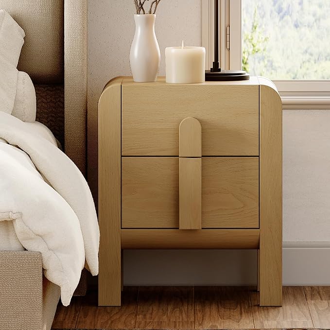 WAMPAT 23.7" Tall Modern Nightstand with Charging Station,Wood Bedside Table w/2 Storage Drawers,Curved Profile Design,Sofa Side Table End Table for Bedroom, Living Room, Oak