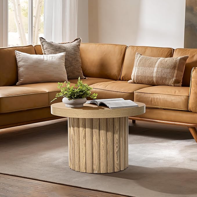 LuxenHome End Table, 23.6" Wide Brown Wood Fluted Round Coffee Table Modern Side Table for Living Room Round Wood Accent Table Bedroom Small Table