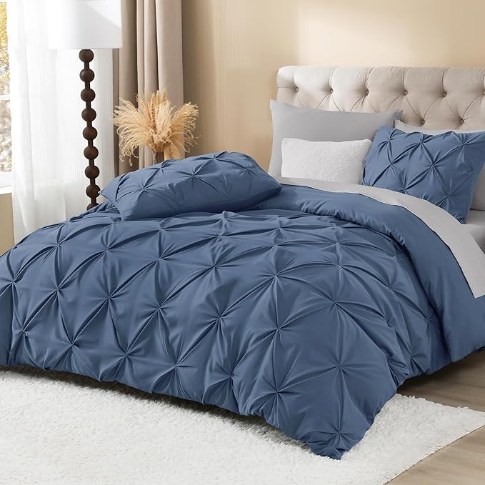 Litanika Ocean Blue King Pinch Pleat Duvet Cover, 3 Pieces Pintuck Cover Soft Microfiber Bedding Set with Zipper Closure & Corner Ties(104x90Inch-1 Duvet Cover, 2 Pillowcases)