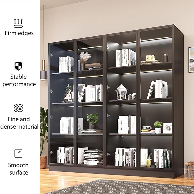 Wooden Display Storage Cabinet with Glass Door, LED Lights,Showcase for Collections, Perfume, Vinyl Albums, Bookcase for Home Office, Living Room, Clinic, Pantry (Black- 4 Layers)