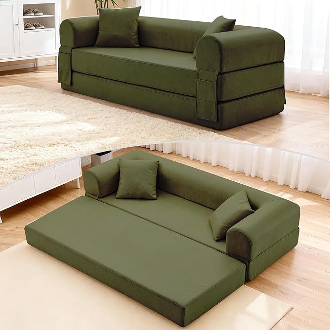 78.5" Convertible Sleeper Sofa Bed, Faux Leather Deep Seat Folding Floor Sofa with Pullout Bed & 2 Pillows, No Assembly Modern Boneless Couch Compression Sofa in Box for Living Room, Office, Green