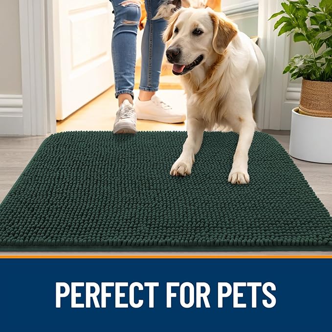 OLANLY Dog Door Mat for Muddy Paws 70x46, Absorbs Moisture and Dirt, Absorbent Non-Slip Washable Doormat, Quick Dry Chenille Mud Mat, Entry Indoor Entryway Carpet for Inside Floor, Blackish Green