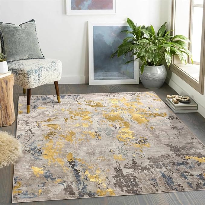 vivorug Washable Rug, Ultra Soft Area Rug 6x9, Non Slip Abstract Rug Carpet, Stain Resistant Rugs for Living Room Bedroom, Modern Fluffy Rug (Grey/Mustard, 6'x9')