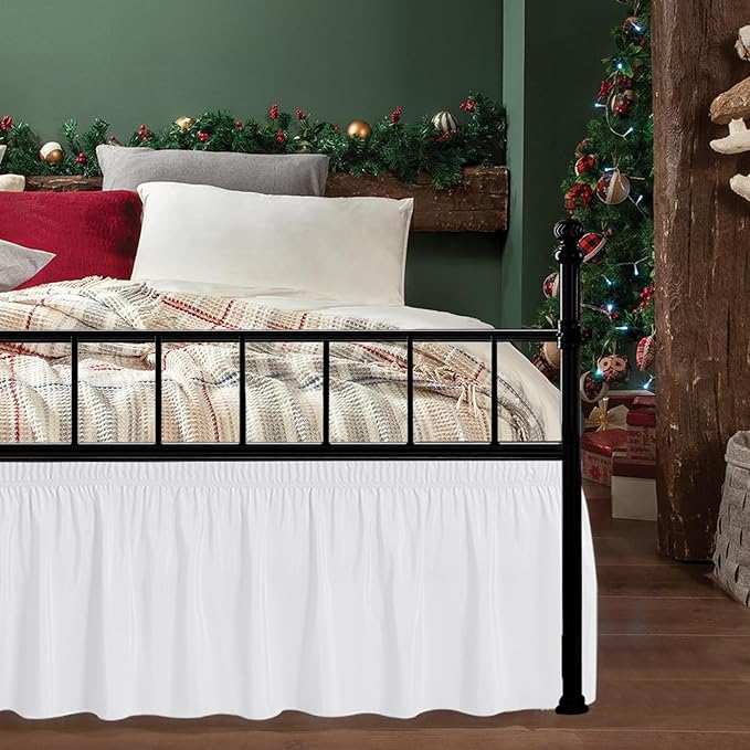 Biscaynebay Wrap Around Bed Skirts with Split Corners for Full Beds 14" Drop, White Elastic Dust Ruffles Adjustable Easy Fit Wrinkle & Fade Resistant Silky Luxurious Fabric Machine Washable
