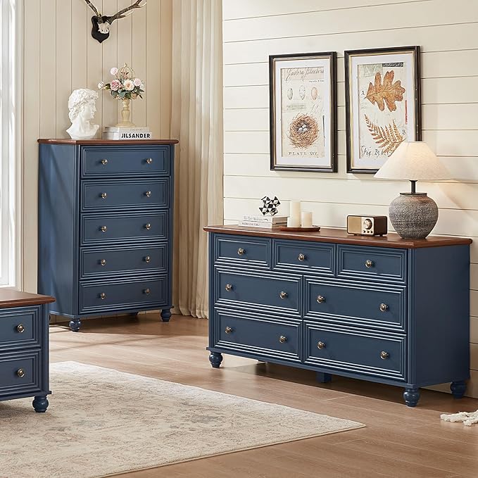 Farmhouse Dressers & Night Stand Set of 4, Wood 54" Wide Dresser & 45" Tall Chest of Drawers, 18" with Charging Station Nightstand Set of 2, Bedroom Furniture Dresser Set for Home Living Room Hallway