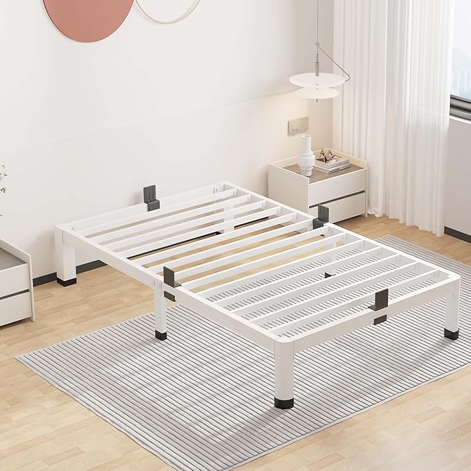 ROIL 7 Inch White Twin Bed Frame with Rounded Corner and Mattress Retainers, 3500LBS Heavy Duty Steel Slats No Box Spring Needed Platform Noise-Free Easy Assembly