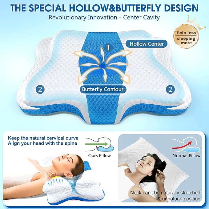 Cervical Neck Pillow for Pain Relief Sleeping, Contour Memory Foam Pillows, Ergonomic Side Sleeper Pillows for Adults, Orthopedic Neck Support Pillow for Back Stomach Sleepers-King Size