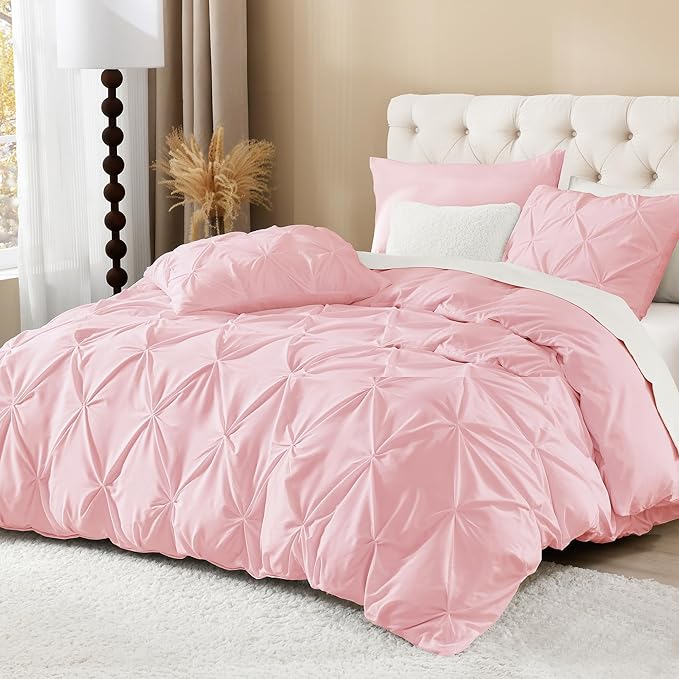 Litanika Pink Queen Pinch Pleat Duvet Cover, 3 Pieces Pintuck Cover Soft Microfiber Bedding Set with Zipper Closure & Corner Ties(90x90Inch-1 Duvet Cover, 2 Pillowcases)