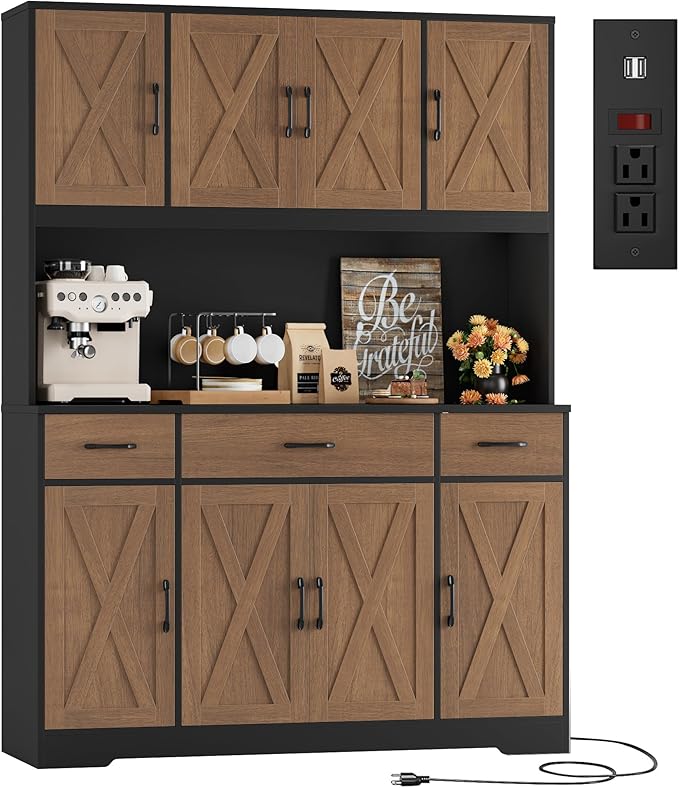 HOSTACK 71" Tall Kitchen Pantry Storage Cabinet with Charging Station, 55" Wide Kitchen Hutch Cabinet with Large Countertop, Farmhouse Food Pantry with Drawers for Living Room (Brown/Black)