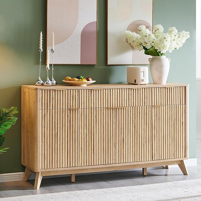 T4TREAM Large Buffet Sideboard Cabinet with Storages, 60" Fluted Modern Buffet Table Coffee Bar Wine Bar Storage Cabinet with 3 Drawers & 4 Doors for Dining Room, Living Room, Hallway(Natural Oak) | with Storages, Coffee Bar, Wine Bar, Storage Cabinet,...
