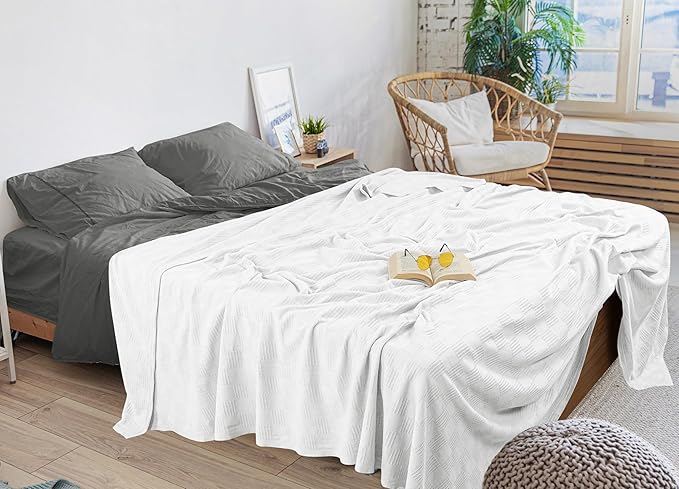 Utopia Bedding White 100% Cotton Blanket [Twin Size - 90x72 Inch] 350GSM Lightweight, Soft and Breathable Thermal Dorm Bed Blanket for All Seasons
