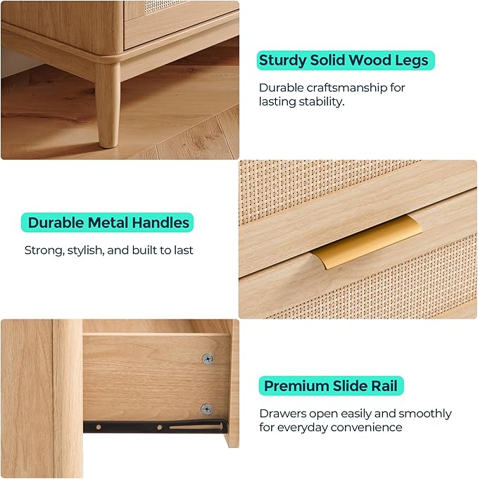 LINSY Rattan 9 Drawer Dresser for Bedroom, 58" Wide Mid-Century Modern Tall Chest of Drawers, Deep Storage Dresser with Curved Corner Design, Large Accent Wood Cabinet for Bedroom, Oak