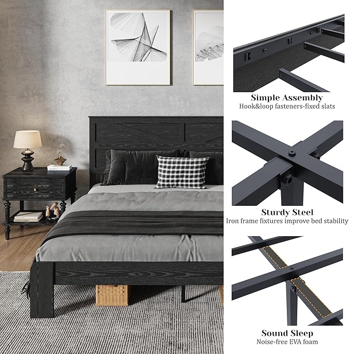 Queen Size Bed Frame with Farmhouse Headboard, Rustic Wooden Bedframe with LED Lights and Charging Station, Easy Assembly, No Box Spring Needed (Black, Queen)