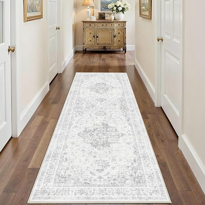 2x6 Hallway Washable Runner Rug Vintage Non-Slip Soft Kitchen Mat Boho Medallion Distressed Farmhouse Carpet Floral Low Pile Indoor Throw Rug for Entryway Bathroom Living Room Bedroom, Gray
