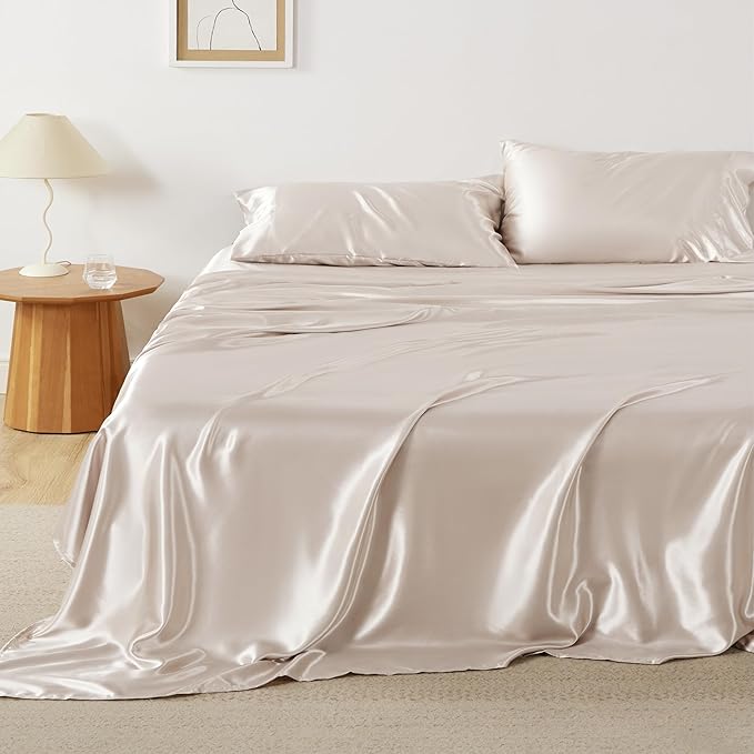 Bedsure Satin Sheets King Size - 4 Piece Silky Bedsheets with 15 Inches Deep Pocket Fitted Bedsheet,1 Flat Sheet, 2 Satin Pillowcases, Good for Hair & Skin (King, Beige)