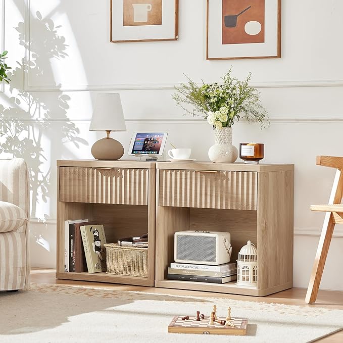 LEYAOYAO Fluted Farmhouse Nightstand Set of 2 with Charging Station, 23" Wide 1 Drawers Night Stand,Natural Dresser for Bedroom,Bed Side Table Chest of Drawers,Wood End Table for Living Room