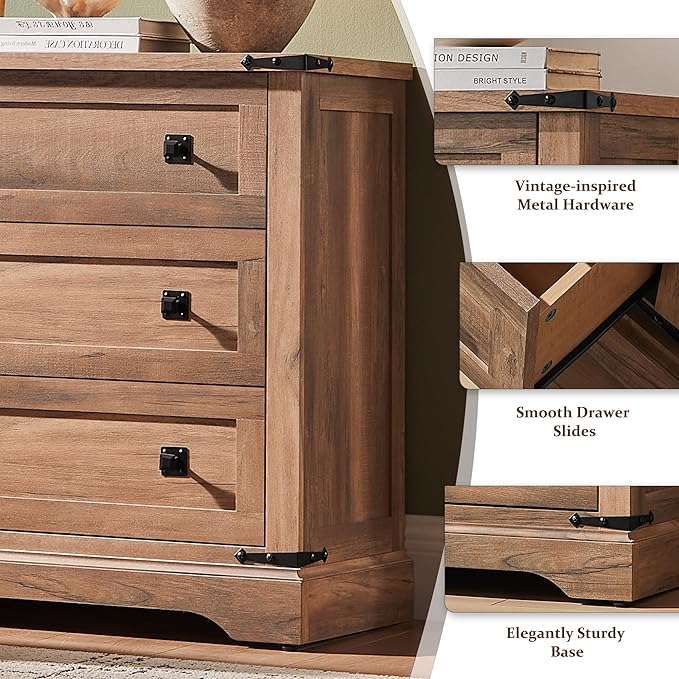 T4TREAM 32" Farmhouse Nightstand with Charging Station Set of 2, Large End Table with 3 Storage Drawers, Rustic Wood Bedside Table for Bedroom, Living Room, Rustic Oak