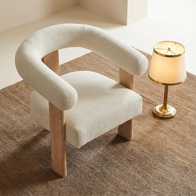 VKNOW Accent Chair Living Room Chair, Modern Upholstered Arm Chair with Solid Wood Legs, Comfy Barrel Accent Chair for Living Room, Bedroom, Cream