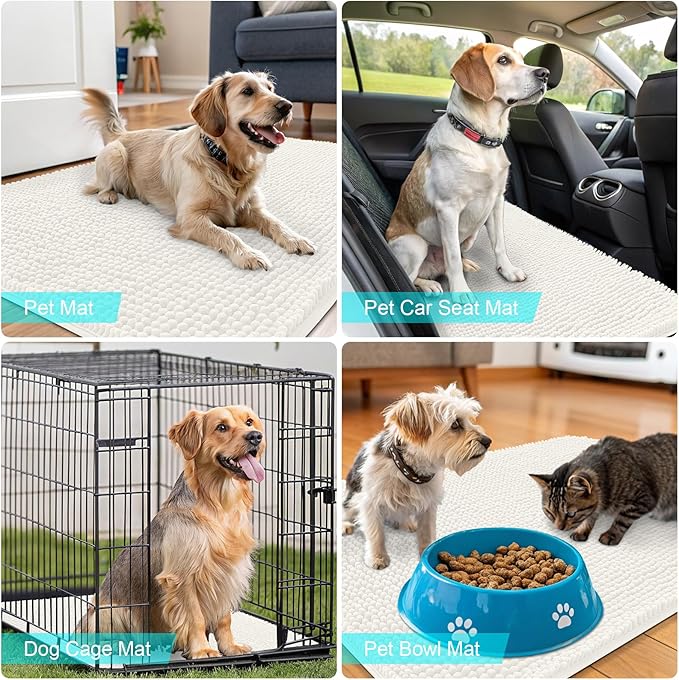 OLANLY Dog Door Mat for Muddy Paws 47x20, Absorbs Moisture and Dirt, Absorbent Non-Slip Washable Doormat, Quick Dry Chenille Mud Mat for Dogs, Entry Indoor Entryway Carpet for Inside Floor, Ivory